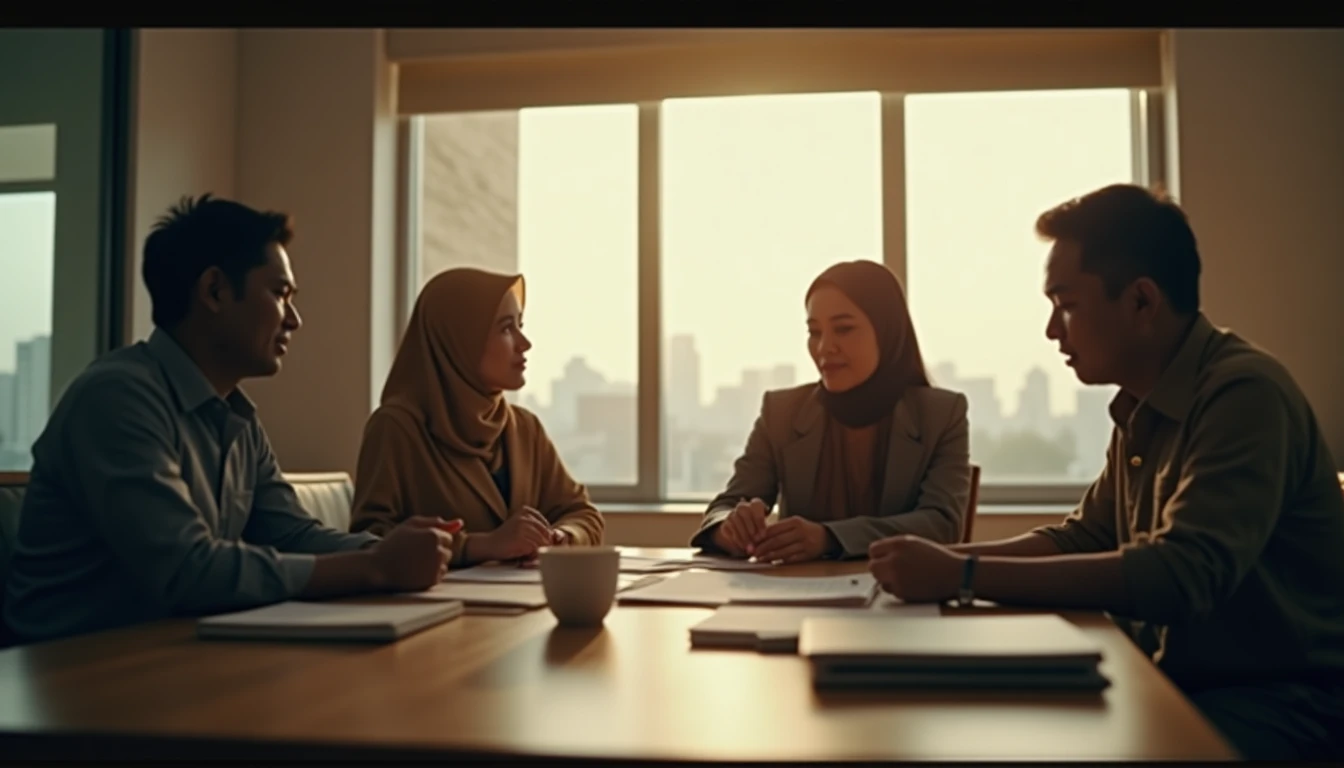 Orang-orang Indonesia berdiskusi di ruang rapat kantor modern di Semarang, menampilkan kolaborasi tim untuk video company profile.