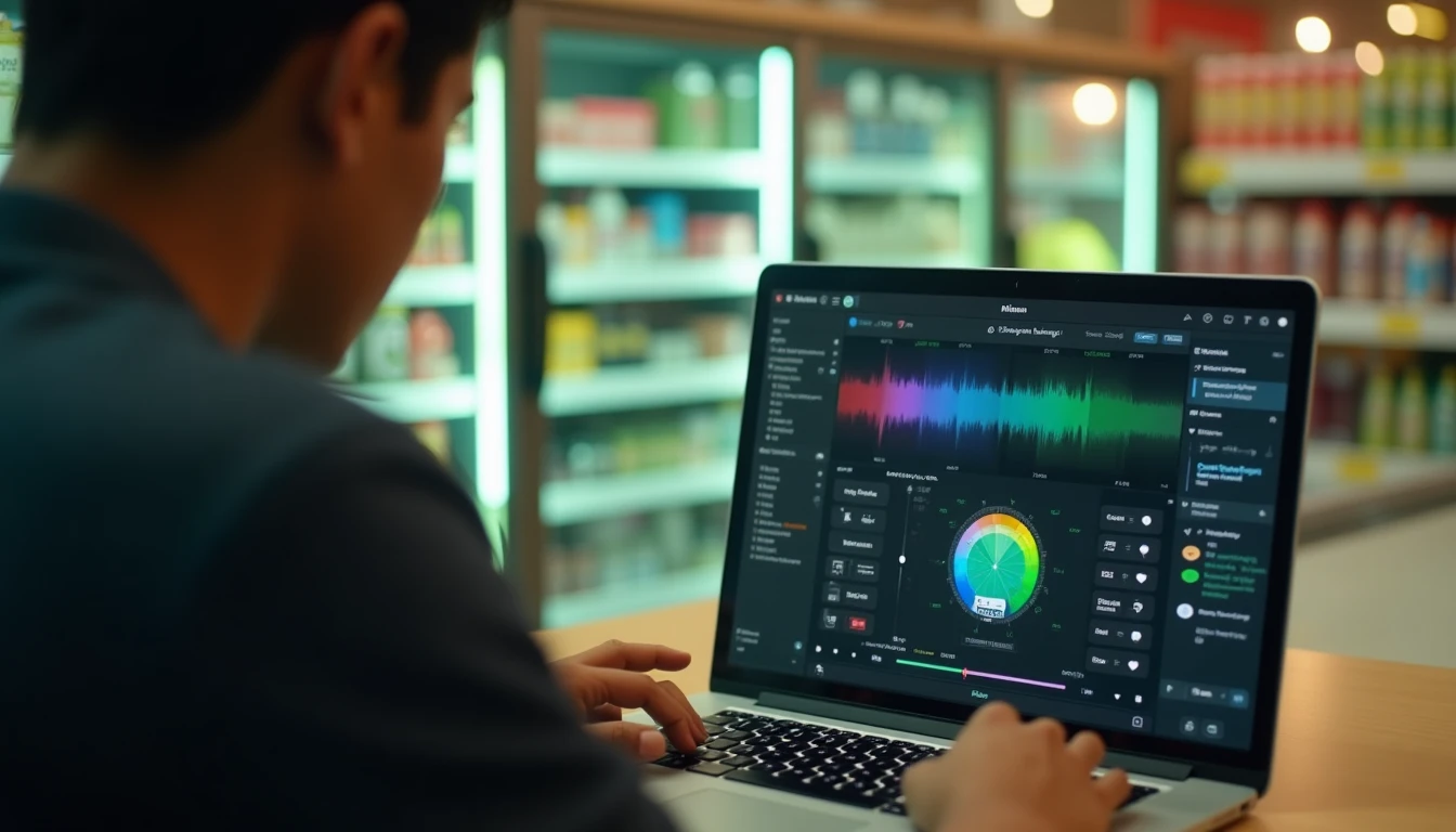 Seorang videografer Indonesia sedang melakukan color grading pada footage video produk di supermarket.
