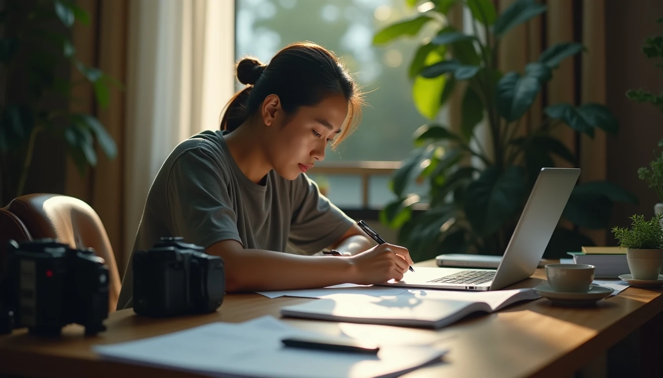 Seorang videografer atau fotografer freelance asal Asia Tenggara sedang mengatur keuangan di meja kerjanya dengan tenang.