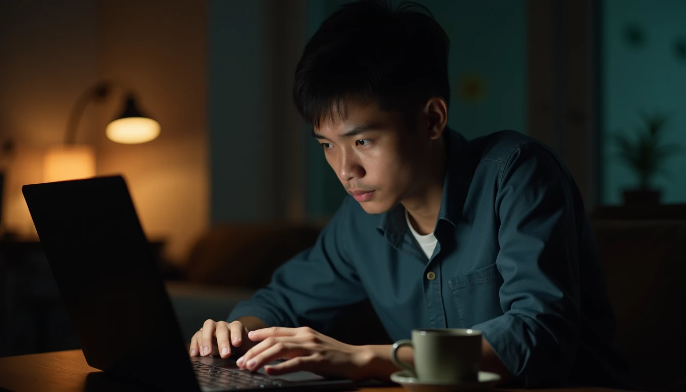 Seorang pria muda Indonesia sedang begadang mengedit video di depan laptop dengan mata lelah, ditemani cangkir kopi.
