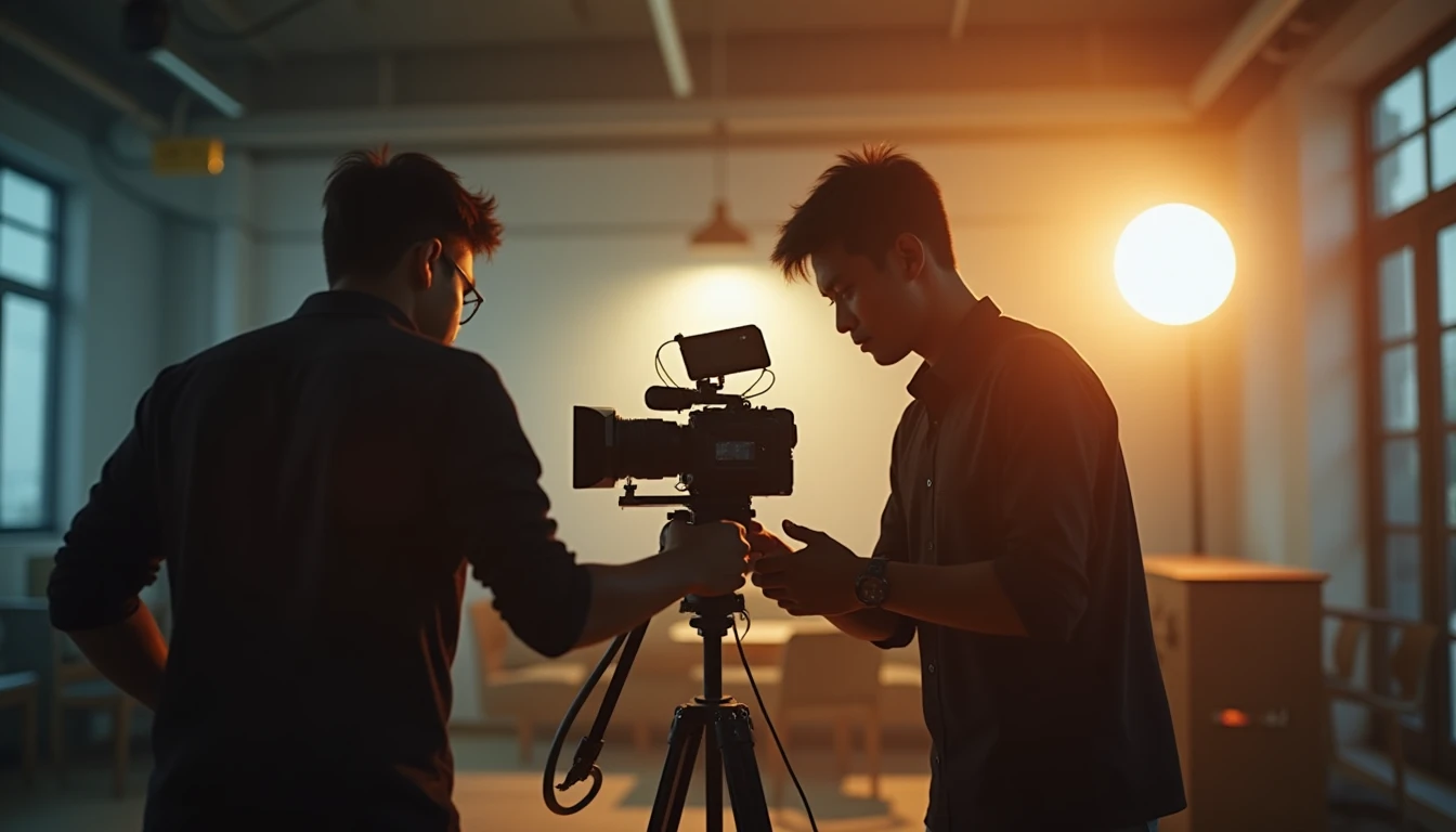 Tim produksi video Labstory sedang menyiapkan kamera dan lighting di lokasi syuting company profile di Semarang.