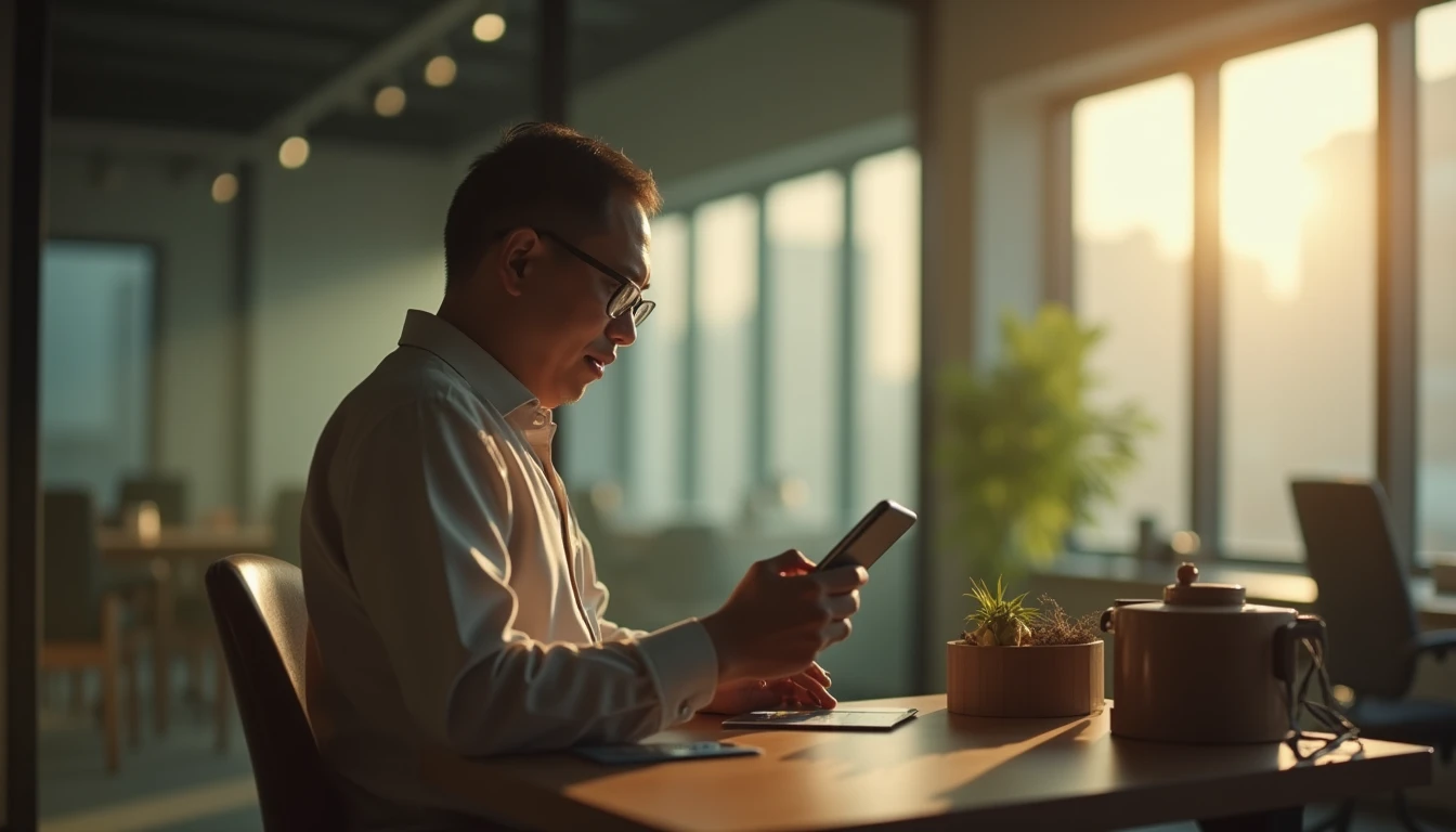 Kantor modern di Semarang dengan cahaya alami, seorang profesional Indonesia sedang melihat tablet.