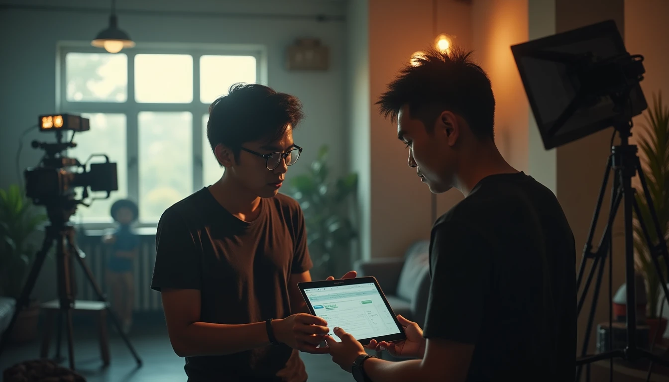 Videografer menjelaskan rincian budget produksi video kepada klien di studio modern Semarang.