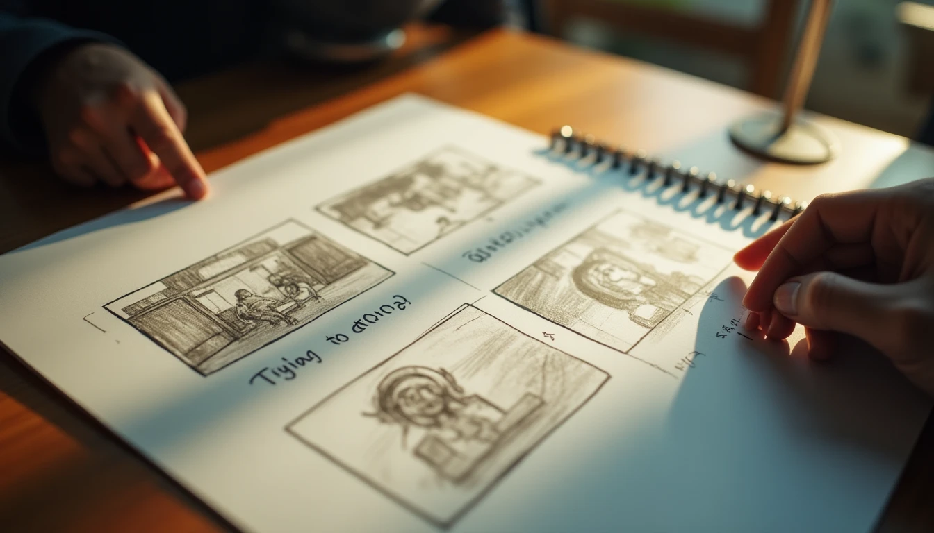 Contoh storyboard sederhana dengan sketsa kasar dan deskripsi untuk perencanaan video promosi.