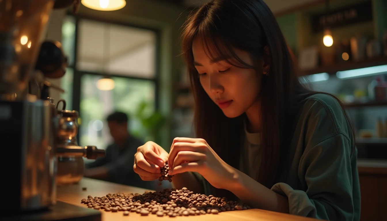 Orang Indonesia memeriksa biji kopi di kedai kopi artisan yang terang di Semarang.
