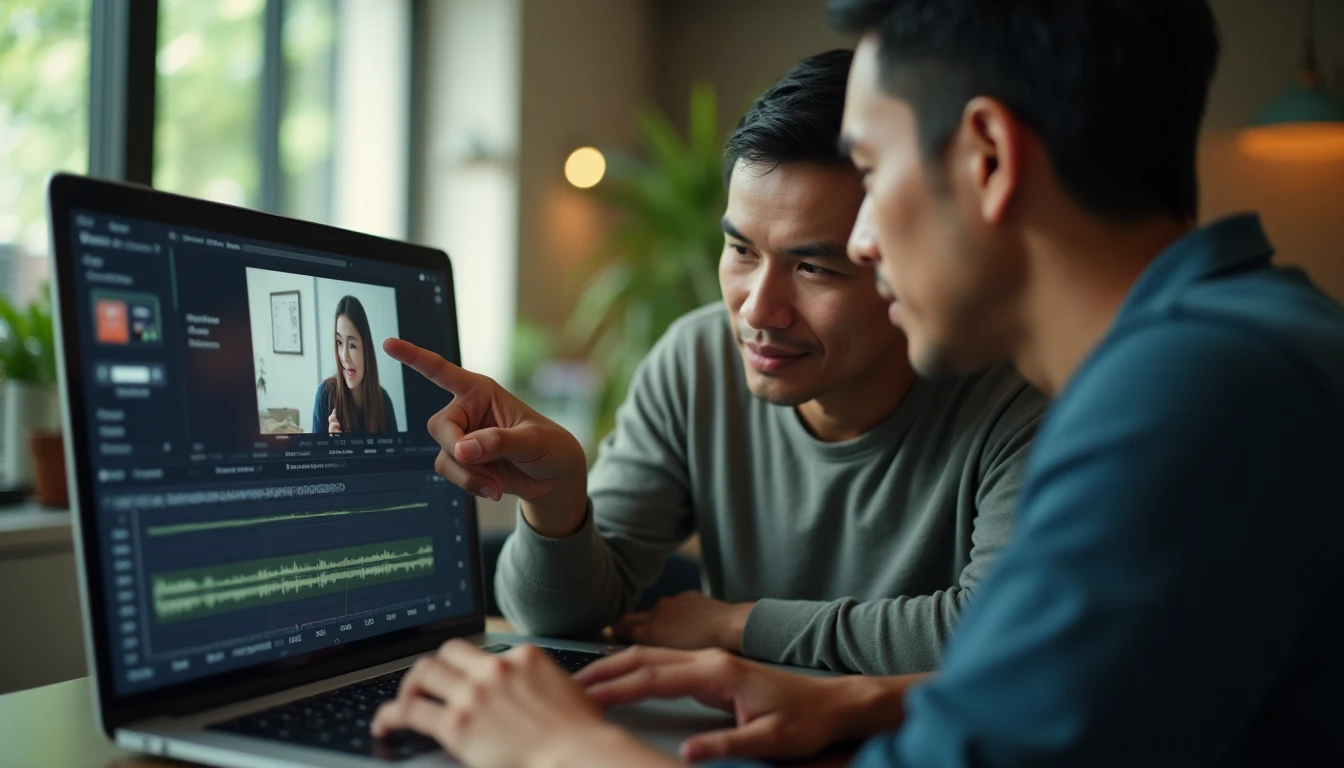Seseorang sedang memberikan masukan spesifik kepada tim produksi video di depan layar laptop.