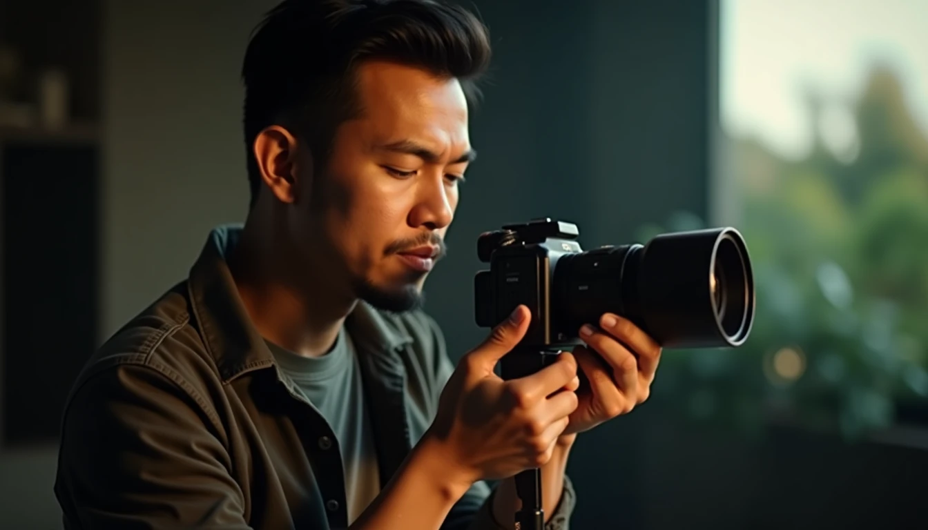 Fotografer profesional Indonesia sedang memeriksa lensa kamera di studio yang terang di Semarang.