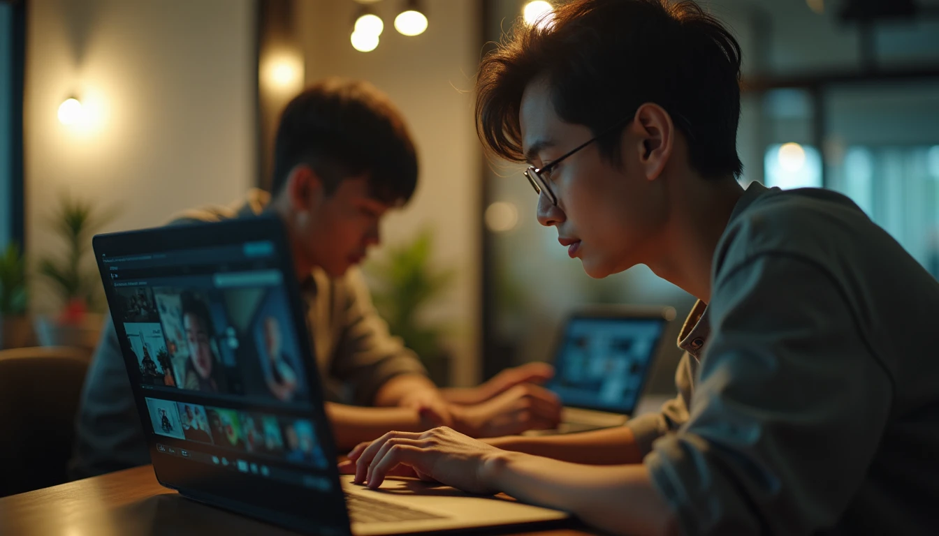 Seorang videografer muda asal Indonesia sedang meninjau hasil syuting di laptopnya di sebuah co-working space di Semarang.