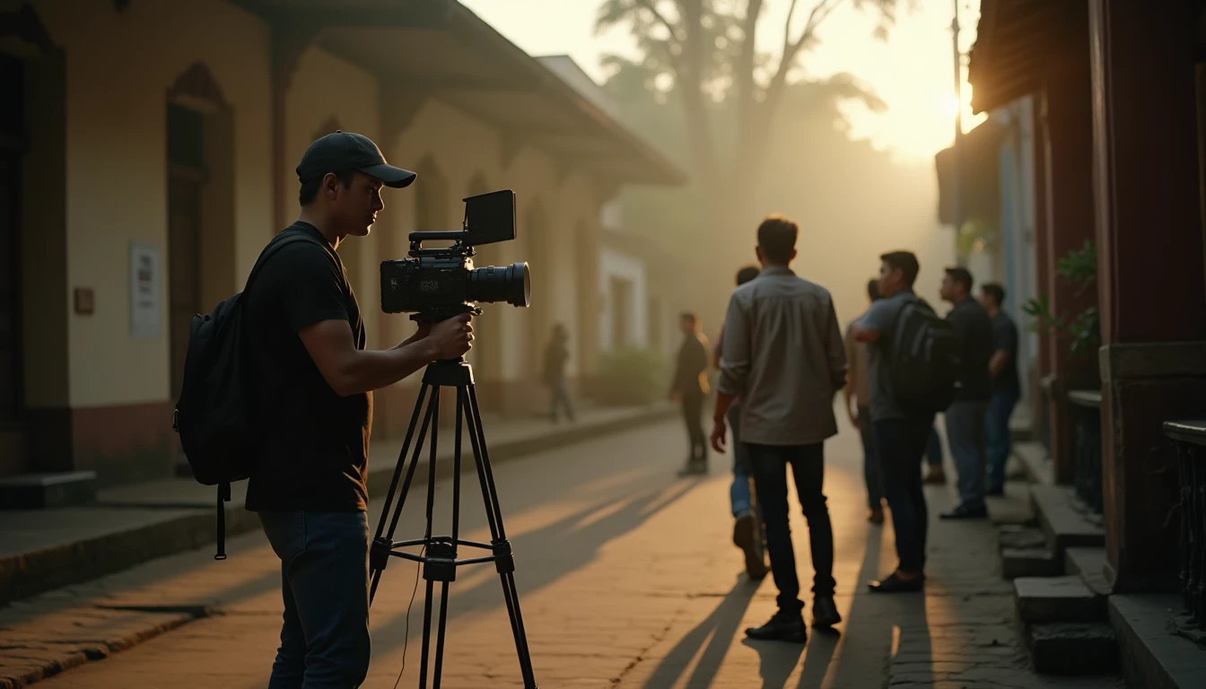 Tim produksi video sedang menyiapkan peralatan di kawasan Kota Lama, Semarang.