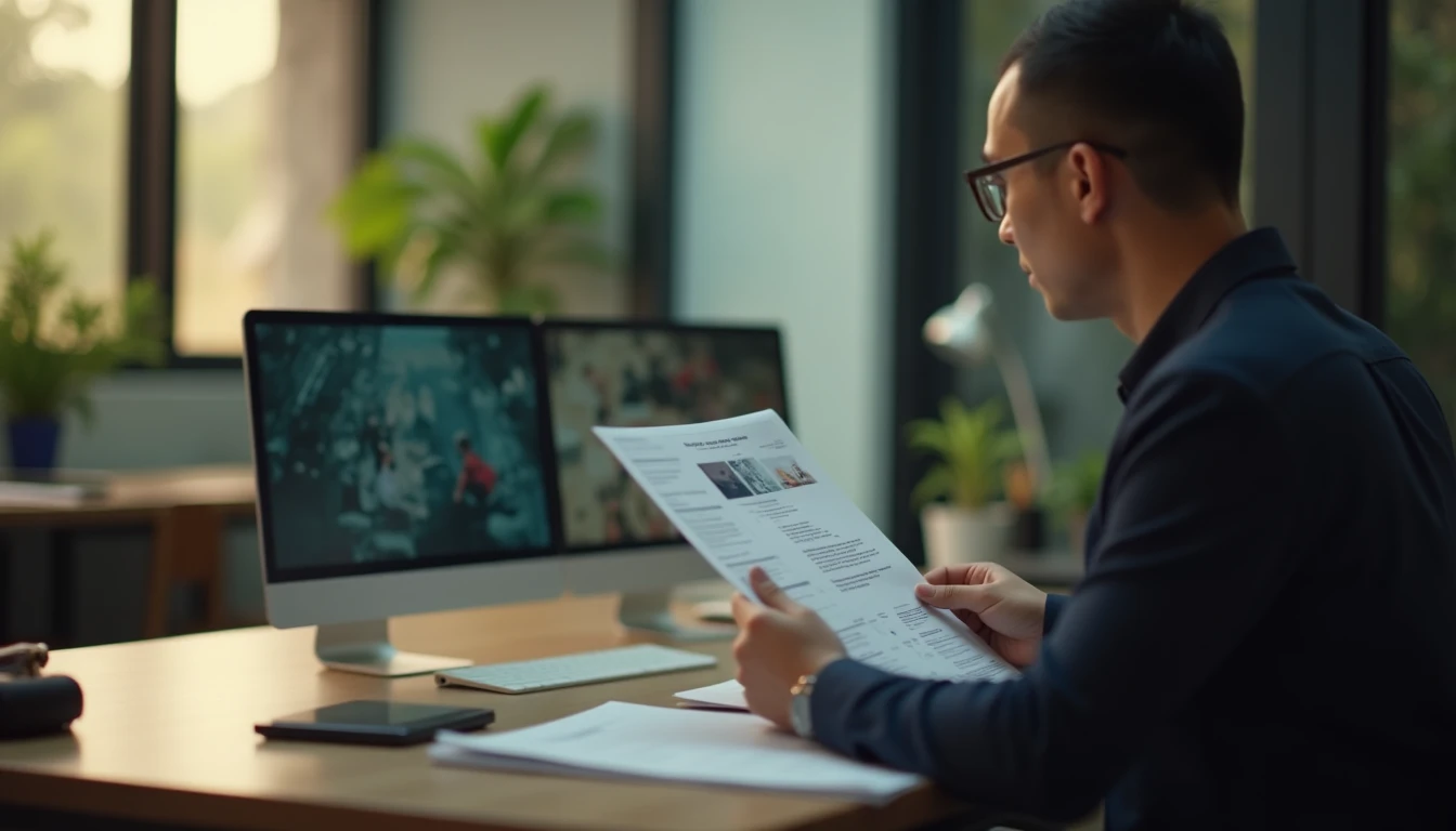 Pemilik bisnis di Semarang meninjau proposal produksi video company profile di mejanya.