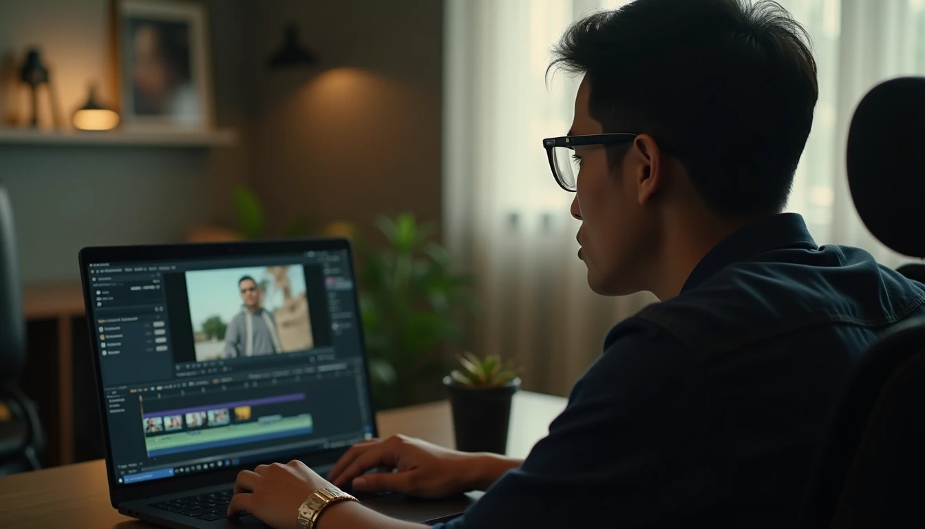 Seorang profesional muda Indonesia sedang menganalisis hasil editing video company profile di layar laptopnya, dengan pencahayaan lembut.
