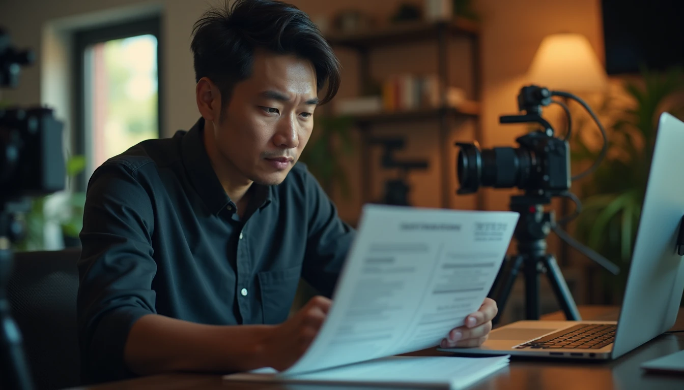 Seorang freelancer videografer dan fotografer Indonesia sedang meninjau kontrak dan invoice di laptopnya, menunjukkan ekspresi tegas.