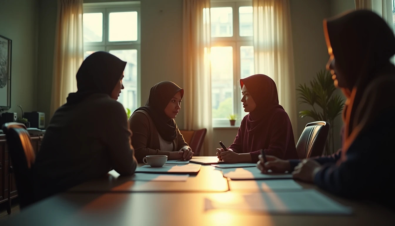 Tim produksi sedang berdiskusi konsep video company profile di ruang meeting yang terang.