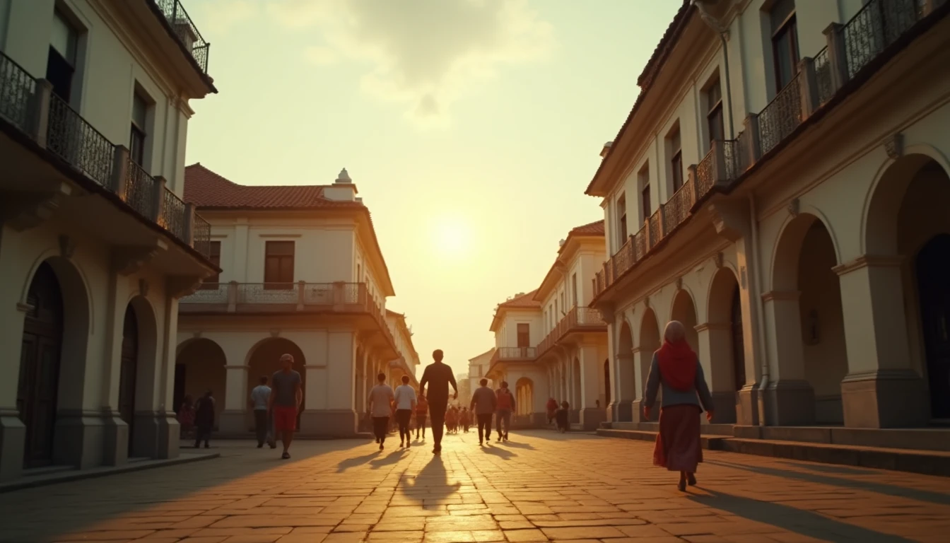 Pemandangan Kota Lama Semarang saat golden hour dengan bangunan bersejarah.