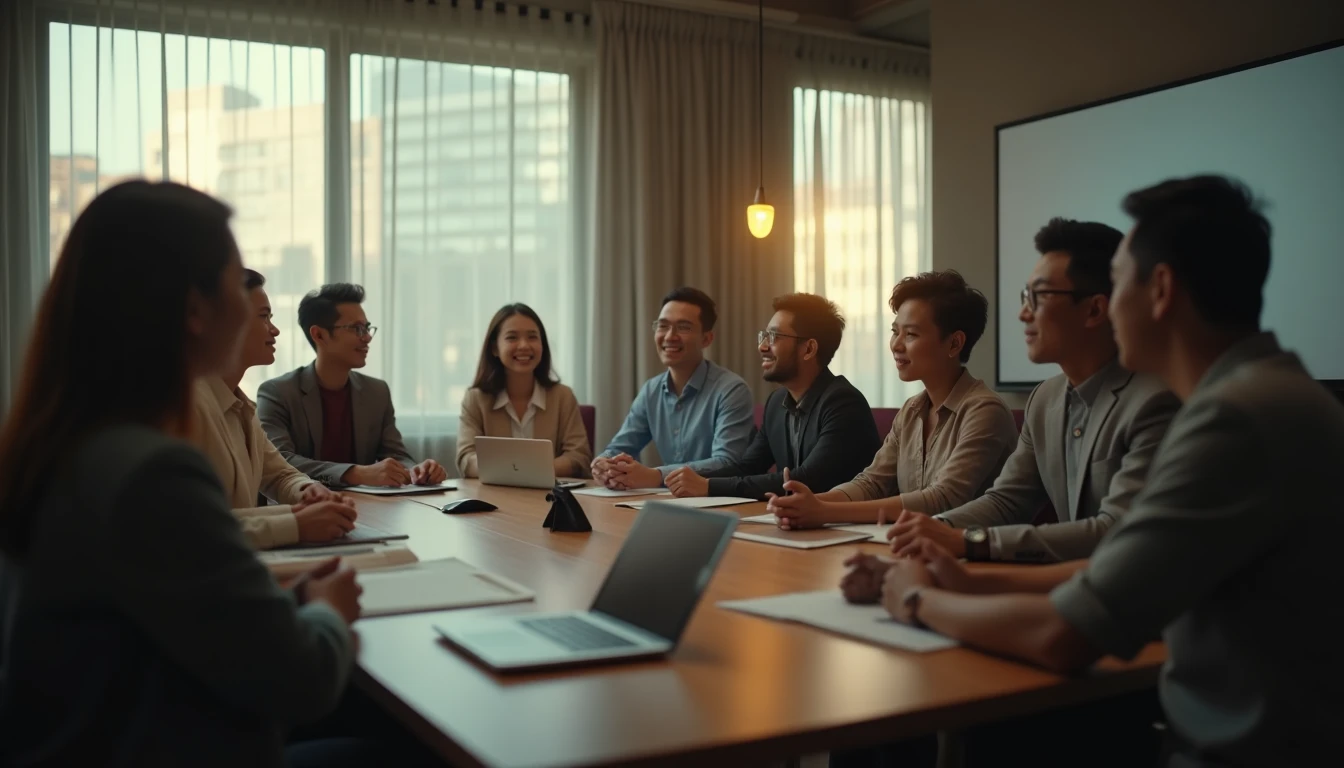 Diskusi antara perwakilan bisnis dan production house mengenai proyek video di ruang rapat modern Semarang.