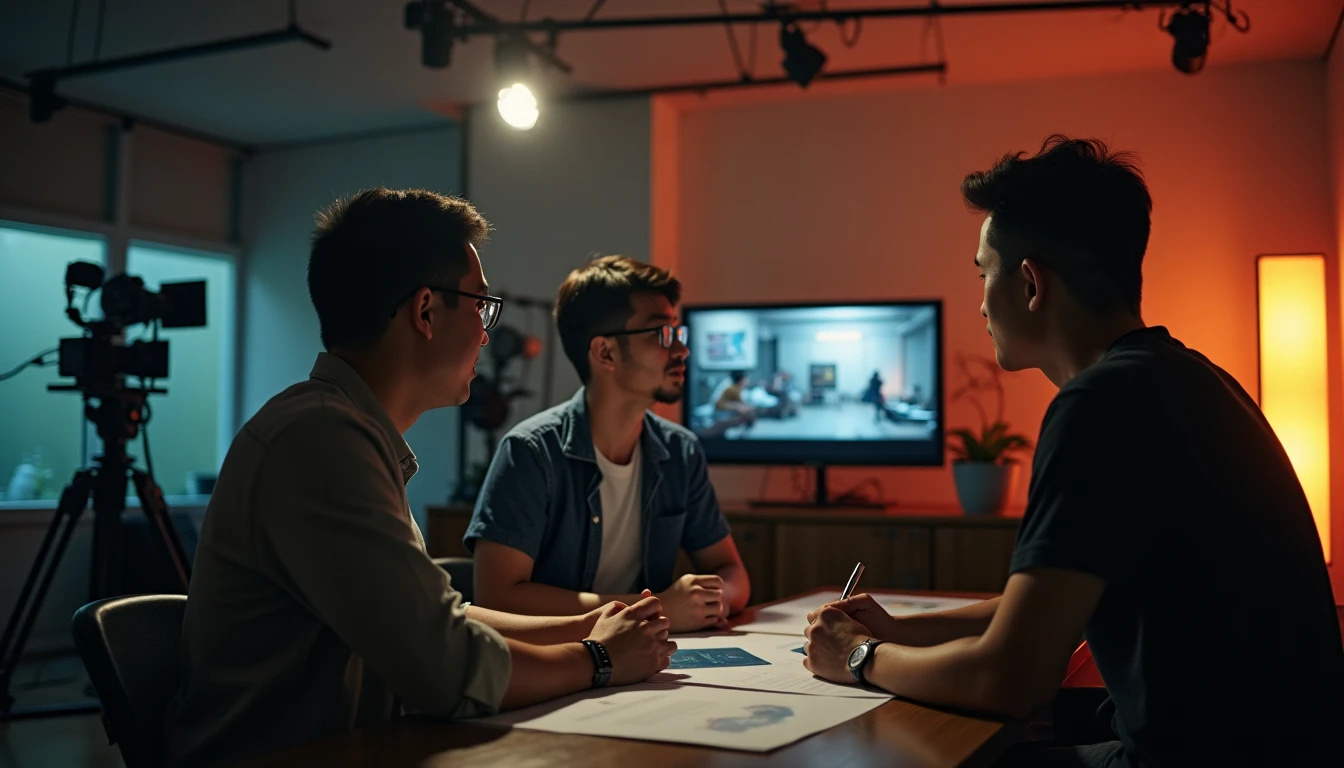 Tim produksi video profesional sedang berdiskusi di studio modern di Semarang.