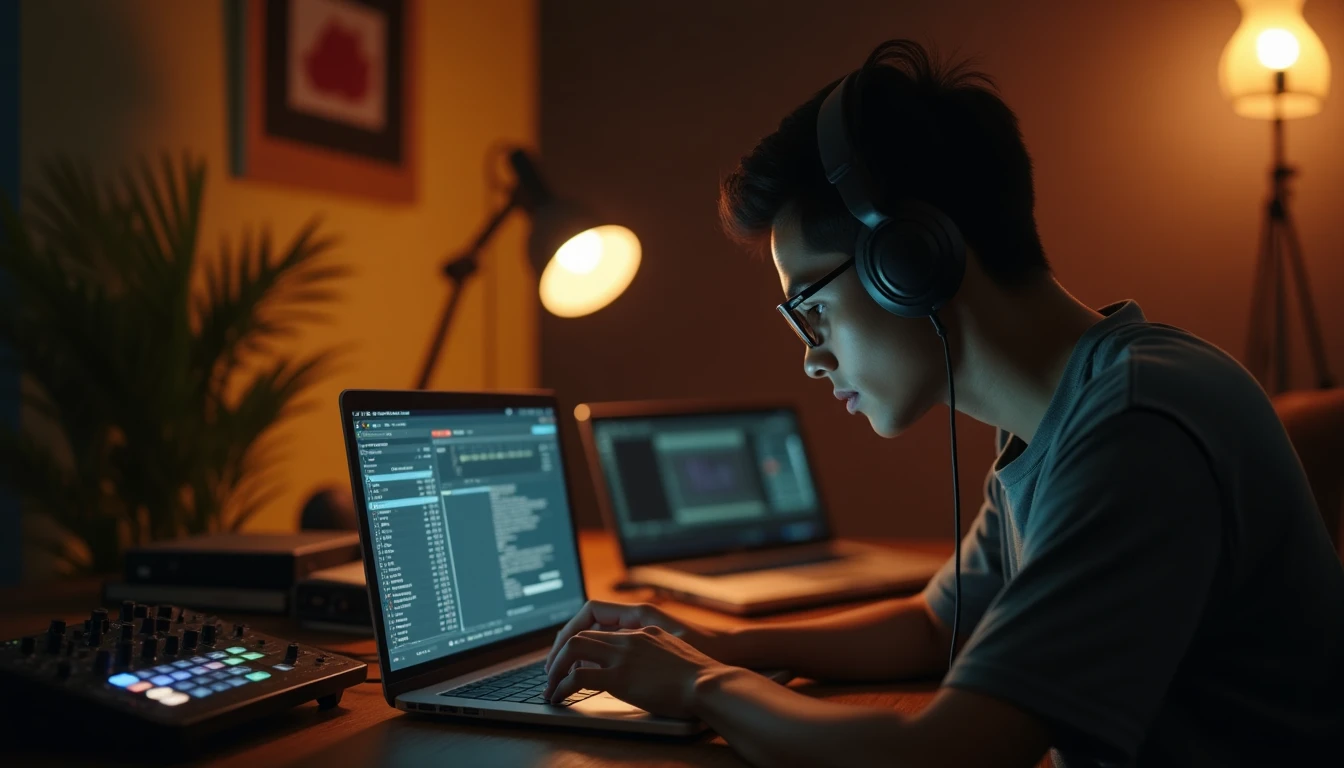 Orang Indonesia memilih musik bebas hak cipta di laptop untuk video.
