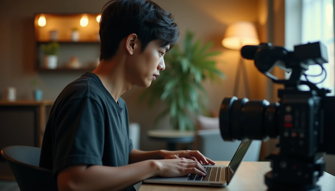 Seorang videografer muda Indonesia sedang fokus mengedit video di laptopnya, dikelilingi peralatan syuting, menunjukkan proses kreatifnya.