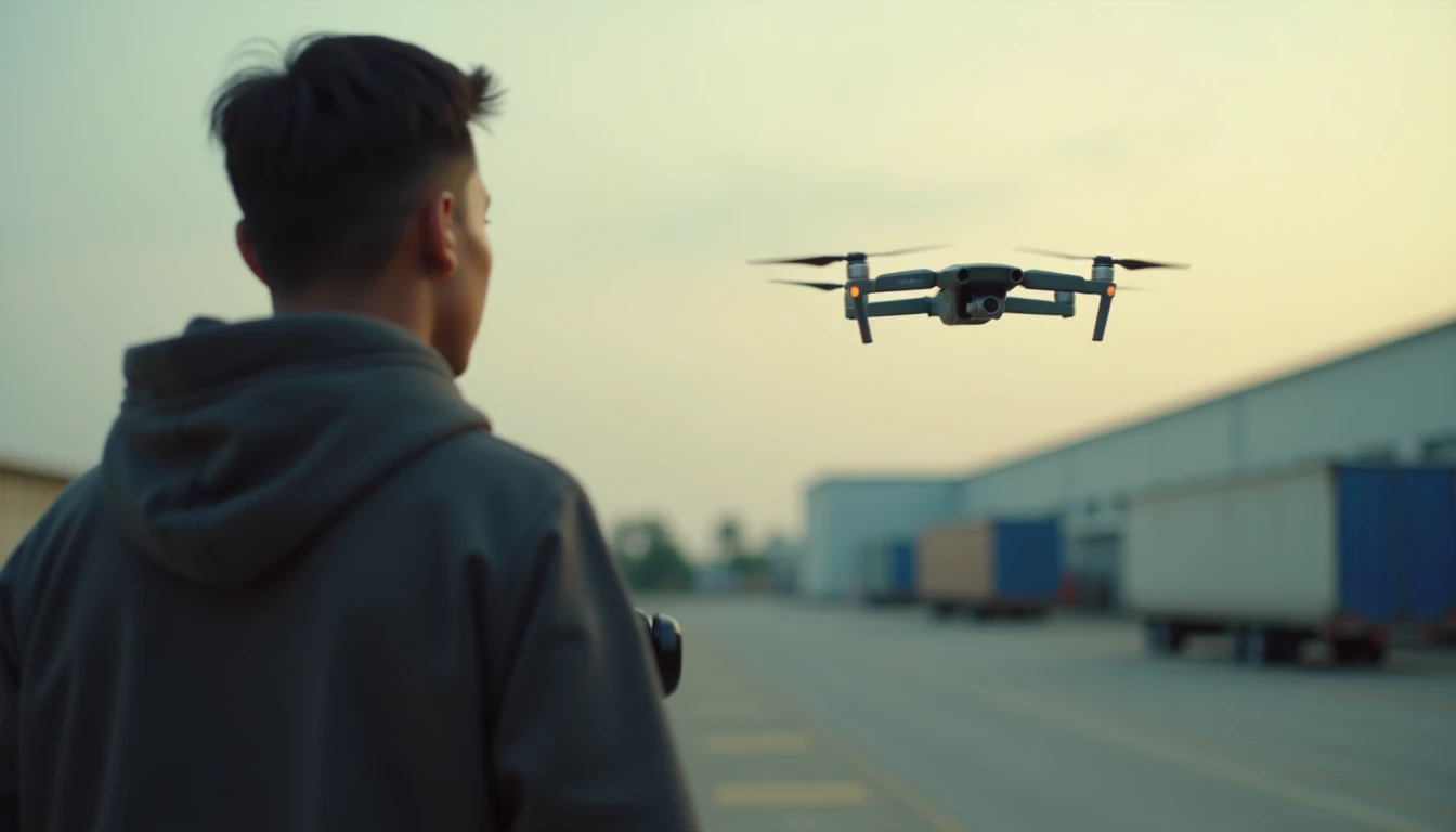 Seorang videografer Indonesia menerbangkan drone DJI Mavic 3 Pro di dekat gudang logistik di Semarang.