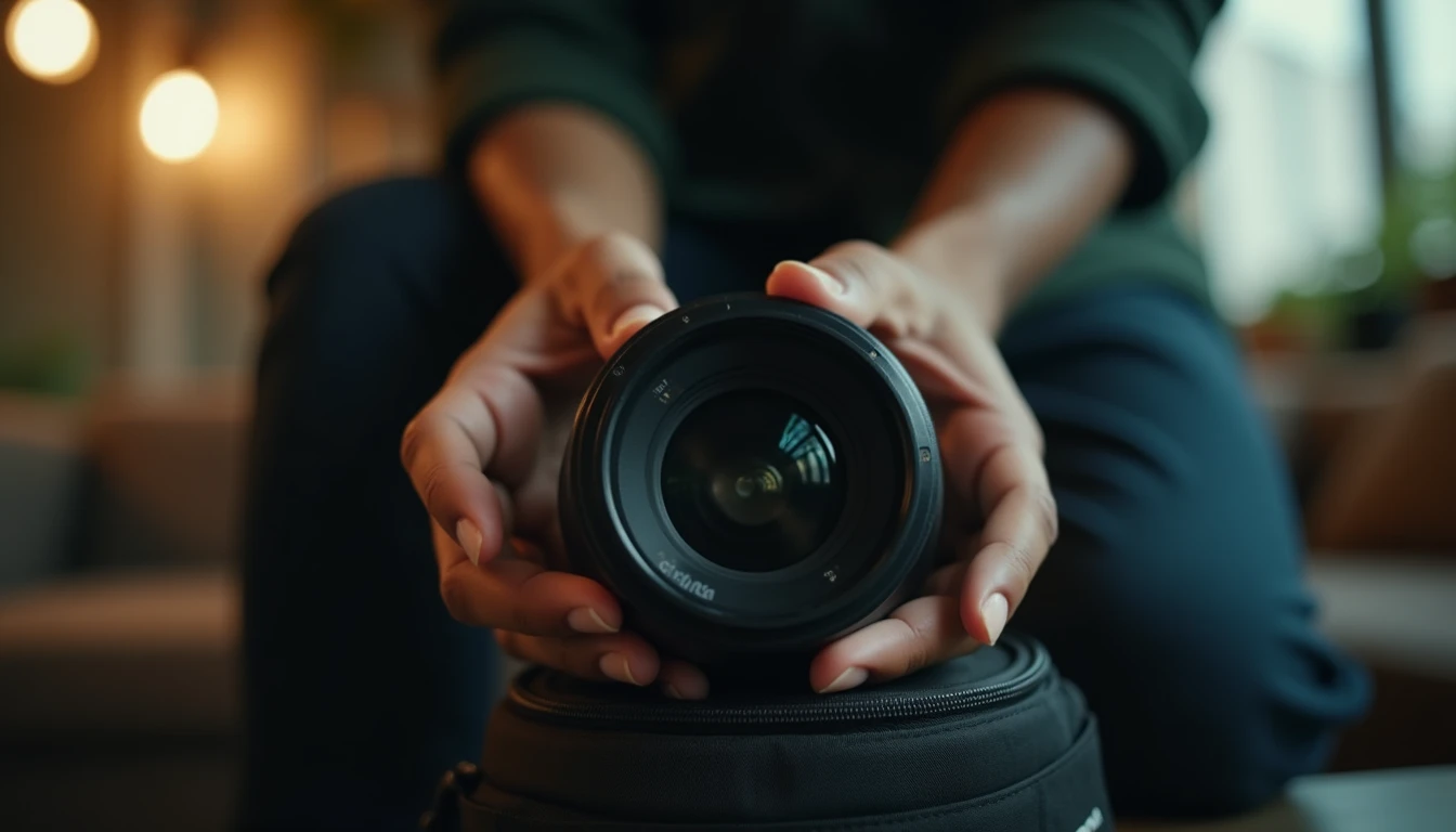 Seorang videografer Indonesia sedang memilih lensa dari tas kamera, fokus pada detail lensa.