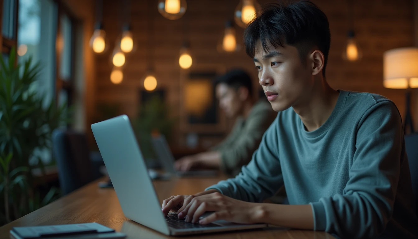 Seorang videografer muda Indonesia sedang fokus meninjau hasil rekaman di laptop, menunjukkan semangat membangun portofolio dari nol.