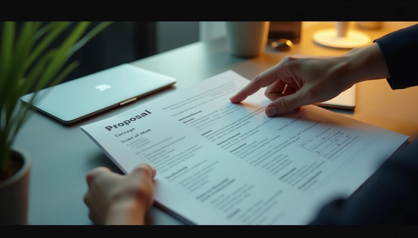 Proposal jasa video yang rapi di atas meja, dengan tangan menunjuk salah satu bagiannya.