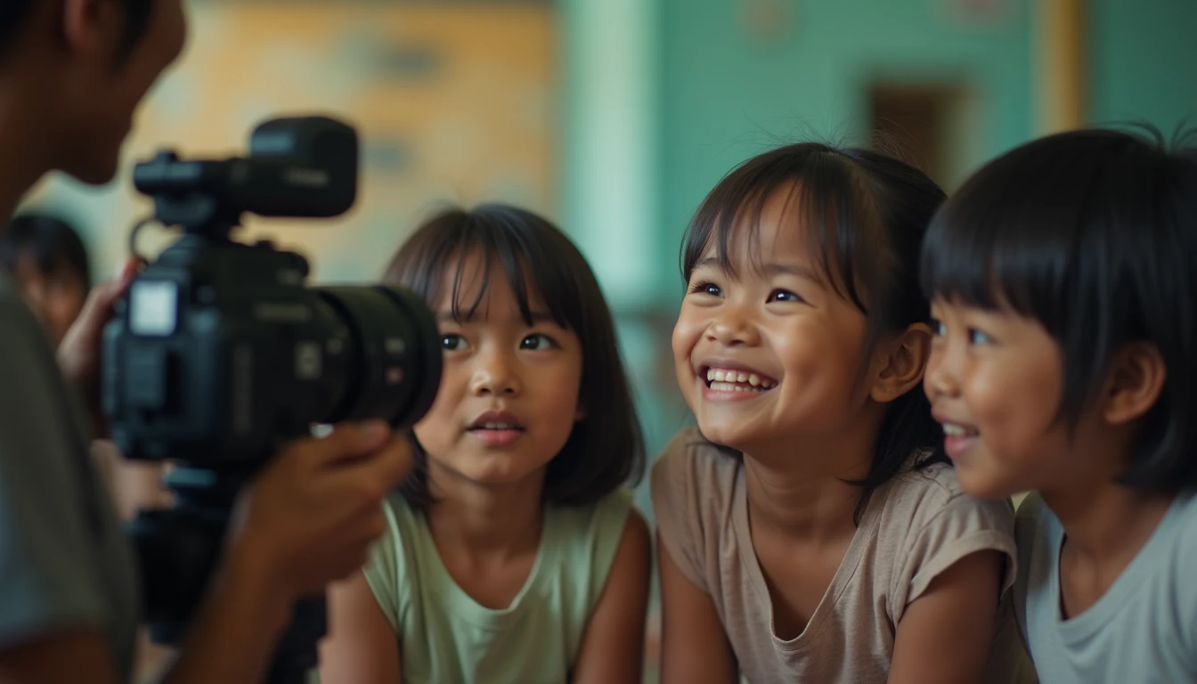 Tim videografer sedang berinteraksi dengan anak-anak di sebuah pusat komunitas di Semarang untuk proyek video.