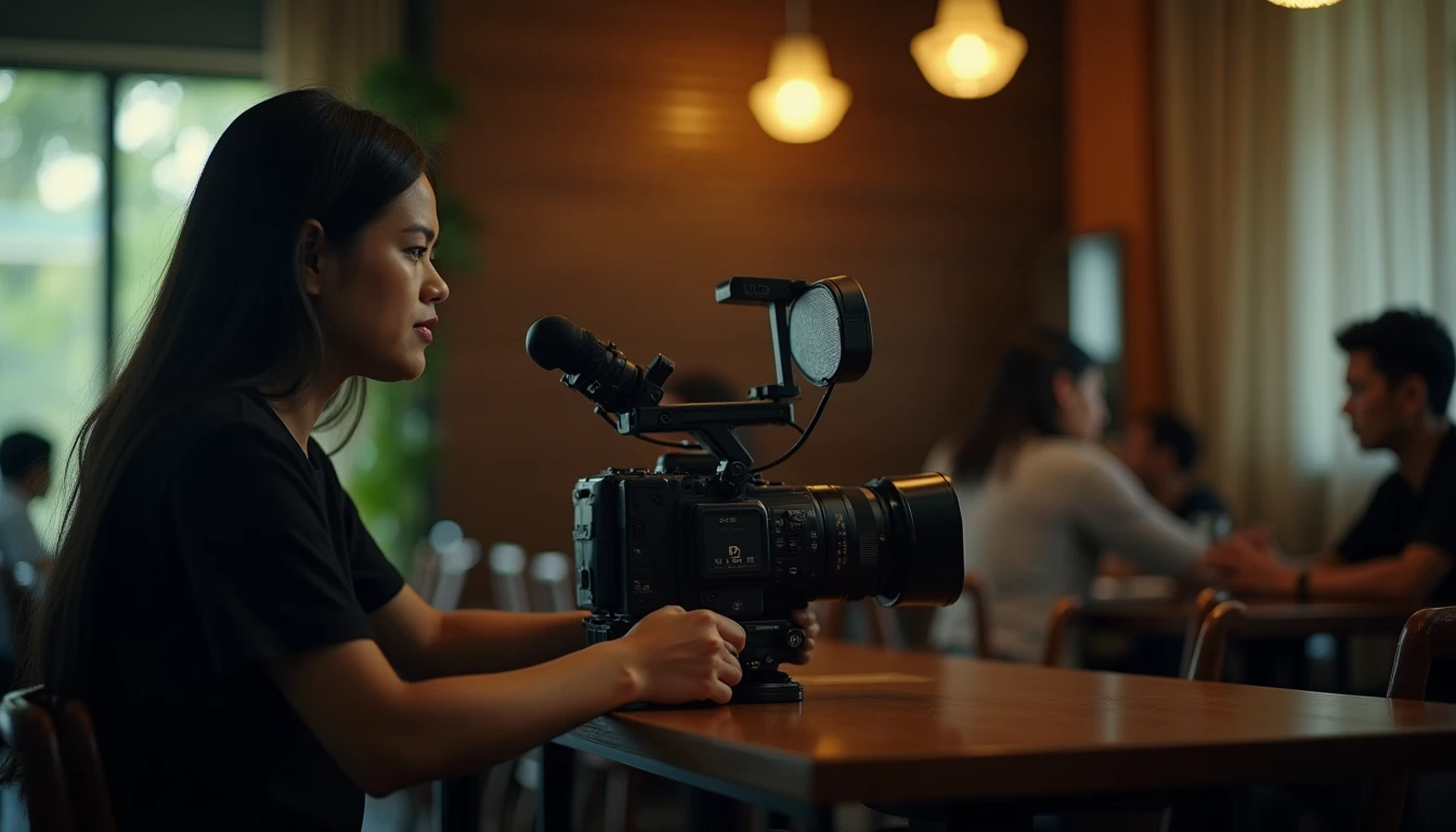 Videografer sedang mengatur setting kamera di kafe minim cahaya dengan pencahayaan temaram.