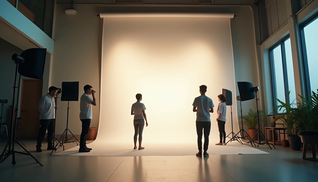 Interior studio foto dan video di Semarang dengan cyclorama, peralatan lighting profesional, dan kru sedang bersiap syuting.