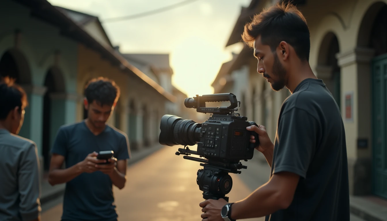 Tim produksi video sedang menyiapkan peralatan di jalanan bersejarah Semarang saat cuaca mendung.