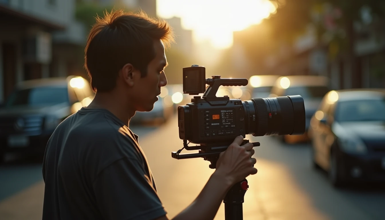 Seorang videografer Indonesia sedang mengatur komposisi dan framing kamera di jalanan kota Semarang.