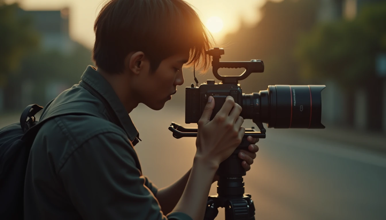 Seorang videografer di Semarang sedang melakukan gerakan pan kamera dengan stabil menggunakan tripod.