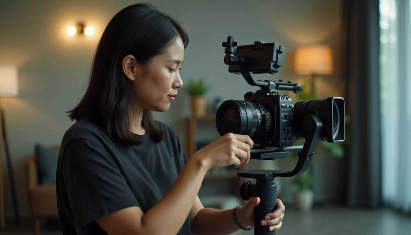 Seorang videografer sedang mengatur lensa kamera profesional pada gimbal di studio modern di Semarang.